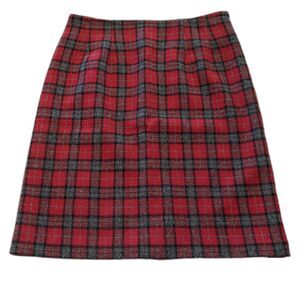 Vintage Savannah Wool Blend Skirt 8P Plaid Lined Red Gray Tartan USA 80s